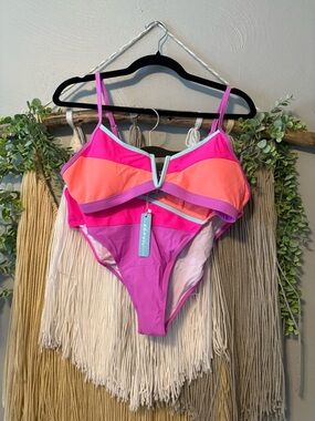 Colorblock V-Notch High-Waist Bikini Set – Pink/Coral